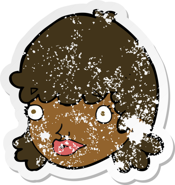 Bir insan tarafından çizilmiş, şaşırmış bir ifadeye sahip, karikatür kadın yüzünün gerilimli yapıştırması.