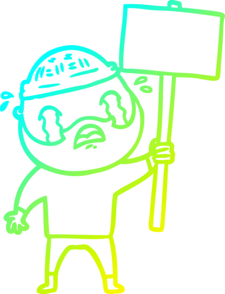 Bir insan tarafından çizilmiş ağlayan sakallı bir protestocunun karikatür çizimi.