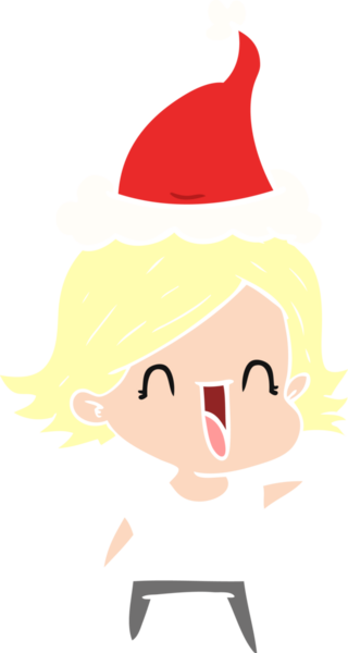 Bir insan tarafından çizilmiş Noel Baba şapkası takan mutlu bir kadının düz renkli çizimi.