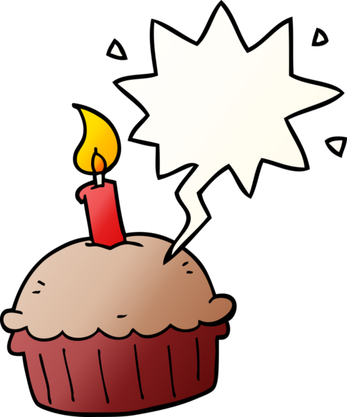 Bir insan tarafından çizilmiş yumuşak gradyan şekilli konuşma baloncuklu doğum günü pastası.