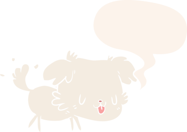 Bir insan tarafından çizilmiş konuşma baloncuğuyla kuyruğunu sallayan sevimli bir çizgi film köpeği.