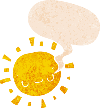 grunge 'da konuşma baloncuğu olan karikatür güneşi bir insan tarafından çizilmiş rahatsız edici retro stil.