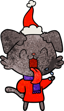 Bir insan tarafından çizilmiş Noel Baba şapkası giymiş nefes nefese bir köpeğin el çizimi karikatürü.