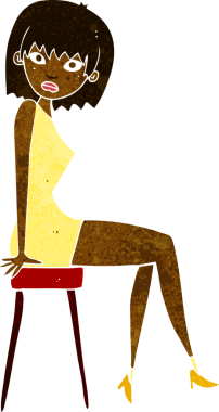 Bir insan tarafından çizilmiş taburede oturan karikatür kadını.