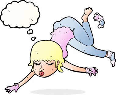 Bir insan tarafından çizilmiş düşünce baloncuğuyla süzülen çizgi film kadını.