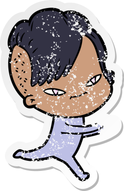 Hipster saç kesimi bir insan tarafından çizilmiş tatlı bir çizgi film kızına ait sıkıntılı bir etiket.