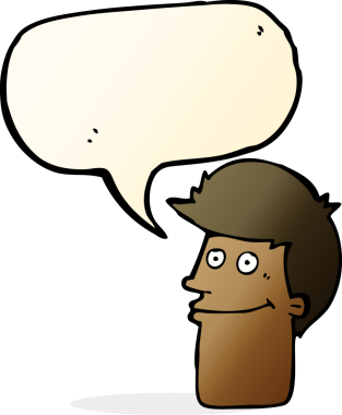 Bir insan tarafından çizilmiş konuşma balonlu gülümseyen adam.