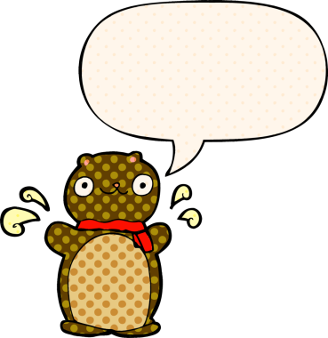 Bir insan tarafından çizilmiş çizgi roman tarzında konuşma balonu olan mutlu oyuncak ayı.