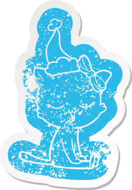 Kafasında fiyonk olan bir kedinin insan tarafından çizilmiş Noel Baba şapkası giymesi garip bir karikatür.