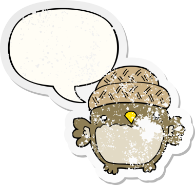 Konuşma baloncuğu olan şapkalı sevimli bir baykuş. Bir insan tarafından çizilmiş sıkıntılı eski bir çıkartma.