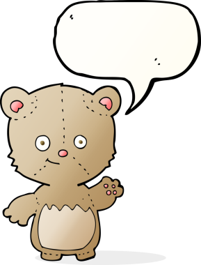 Bir insan tarafından çizilmiş konuşma balonuyla sallanan küçük oyuncak ayı.