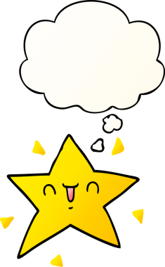 Düşünce baloncuğu olan mutlu çizgi film yıldızı bir insan tarafından çizilmiş.