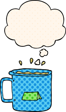 Bir insan tarafından çizilmiş, düşünce baloncuklu karikatür kamp kupası.