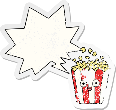 Konuşma baloncuklu çizgi film patlamış mısırı bir insan tarafından çizilmiş sıkıntılı eski bir çıkartma