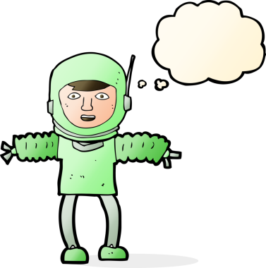 Bir insan tarafından çizilmiş düşünce baloncuklu astronot.