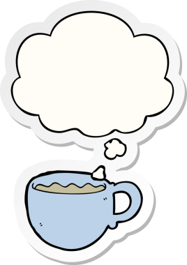 Düşünce baloncuklu çizgi film kahve fincanı insan tarafından çizilmiş bir çıkartma.