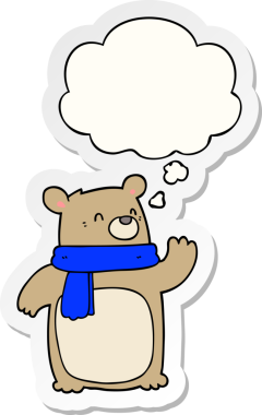 Bir insan tarafından çizilmiş çıkartma olarak düşünce baloncuklu eşarp takan çizgi film ayısı.