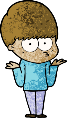 Kafası karışmış çizgi film çocuğu bir insan tarafından çizilmiş omuzlarını silkiyor.