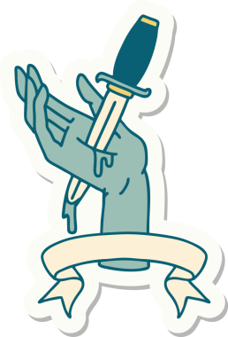 Bir insan tarafından çizilmiş eline hançer işareti olan dövme stili çıkartması.