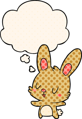 Bir insan tarafından çizilmiş çizgi roman tarzı düşünce baloncuğu olan sevimli çizgi film tavşanı.