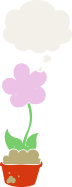 Bir insan tarafından çizilmiş düşünce baloncuğu olan sevimli bir karikatür çiçeği.