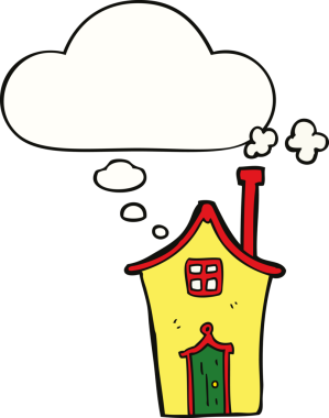 Bir insan tarafından çizilmiş düşünce baloncuklu çizgi film evi.