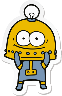 Bir insan tarafından çizilmiş mutlu bir karton robotun çıkartması.