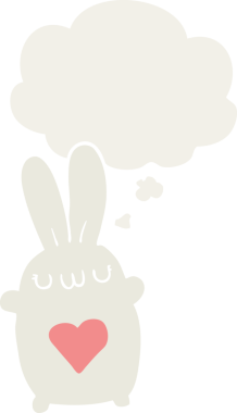 Aşk kalbi olan sevimli çizgi film tavşanı. Düşünce baloncuğu insan tarafından çizilmiş.