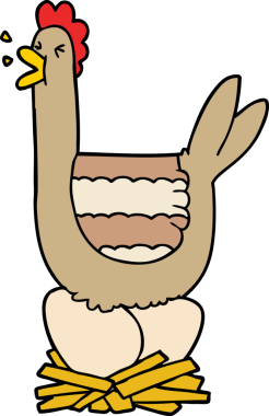 Bir insan tarafından çizilmiş yuvada oturan tavuk.