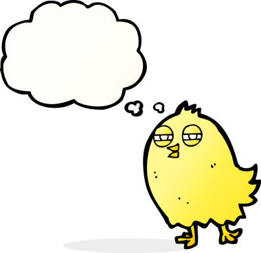 Bir insan tarafından çizilmiş düşünce baloncuklu komik çizgi film kuşu.