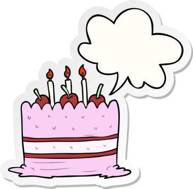 Bir insan tarafından çizilmiş konuşma balonu çıkartmalı doğum günü pastası.