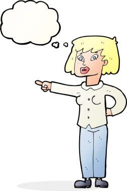 Bir insan tarafından çizilmiş düşünce balonuyla işaret eden çizgi film kadını.