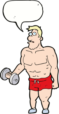 Bir insan tarafından çizilen konuşma baloncuğuyla ağırlık kaldıran çizgi filmci.