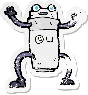 Bir insan tarafından çizilmiş karikatür robotunun gerilmiş yapıştırması.