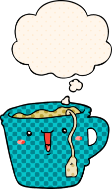 Çizgi roman tarzında bir insan tarafından çizilmiş düşünce baloncuklu şirin çizgi film kahve fincanı.