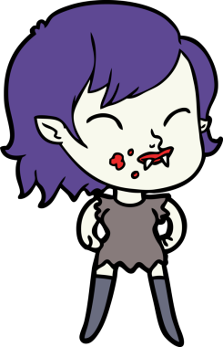 Bir insan tarafından çizilmiş yanağında kan olan vampir kız çizgi filmi.