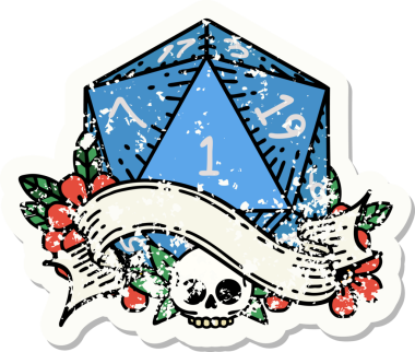 Bir insan tarafından çizilmiş doğal bir d20 zarının grunge çıkartması.