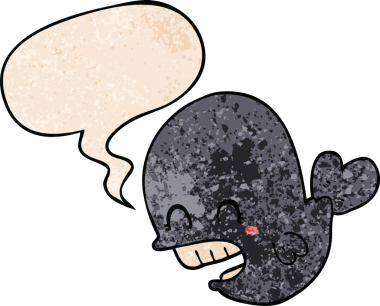 Konuşma baloncuğu olan karikatür balinası insan tarafından çizilmiş.