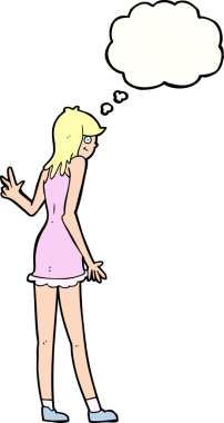 Bir insan tarafından çizilmiş düşünce baloncuğuyla el sallayan çizgi film kadını.