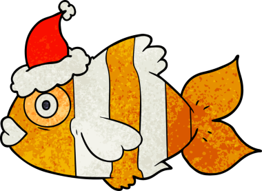 Bir insan tarafından çizilmiş Noel Baba şapkası giyen egzotik bir balığın el çizimi karikatürü.