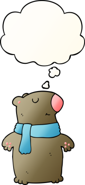 Bir insan tarafından çizilmiş yumuşak eğimli düşünce baloncuklu çizgi film ayısı.