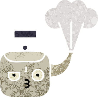 Bir insan tarafından çizilen dumanı tüten bir çaydanlığın retro çizim tarzı karikatürü