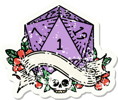 Bir insan tarafından çizilmiş doğal bir d20 zarının grunge çıkartması.