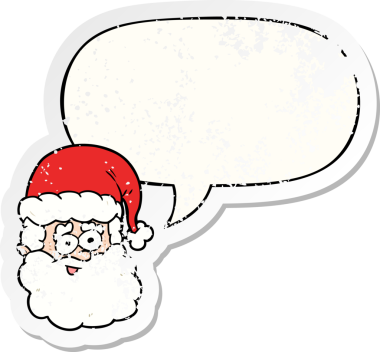 Karikatür Noel Baba. Konuşma baloncuğu olan. Bir insan tarafından çizilmiş sıkıntılı eski bir çıkartma.