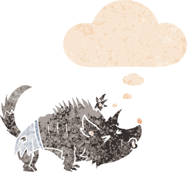 Düşünce baloncuğu olan karikatür kurtadamı bir insan tarafından çizilmiş dertli retro stili.