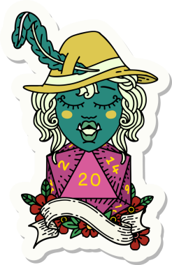 Bir insan tarafından çizilmiş 20 zarlı şarkı söyleyen yarı ork bir ozanın çıkartması.