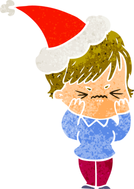 Bir insan tarafından çizilmiş Noel Baba şapkası giymiş hayal kırıklığına uğramış bir kadının el çizimi karikatürü.