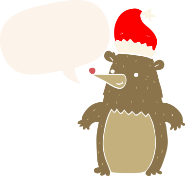 Bir insan tarafından çizilmiş eski moda konuşma baloncuklu Noel şapkası takan çizgi film ayısı.