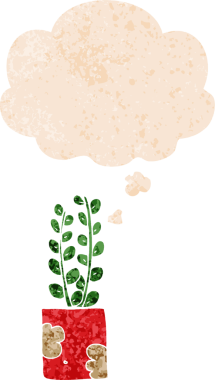 Düşünce baloncuklu çizgi film bitkisi grunge sıkıntılı retro desenli bir insan tarafından çizilmiş