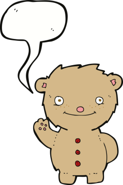 Bir insan tarafından çizilmiş konuşma balonlu oyuncak ayıyı sallayan çizgi film.